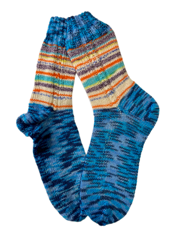 Handgestrickte Socken, Gr. 43/44, Blau/ Bunt