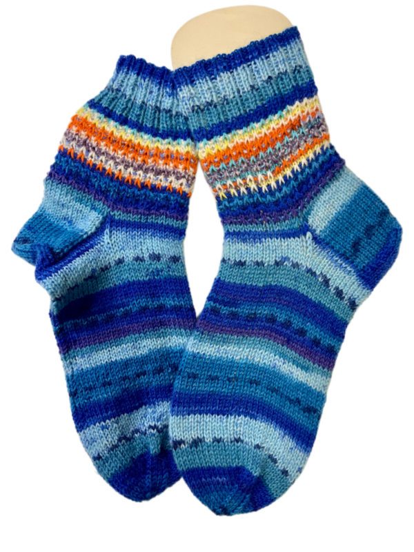 Handgestrickte Socken, Gr. 37/38, Blau/ Bunt