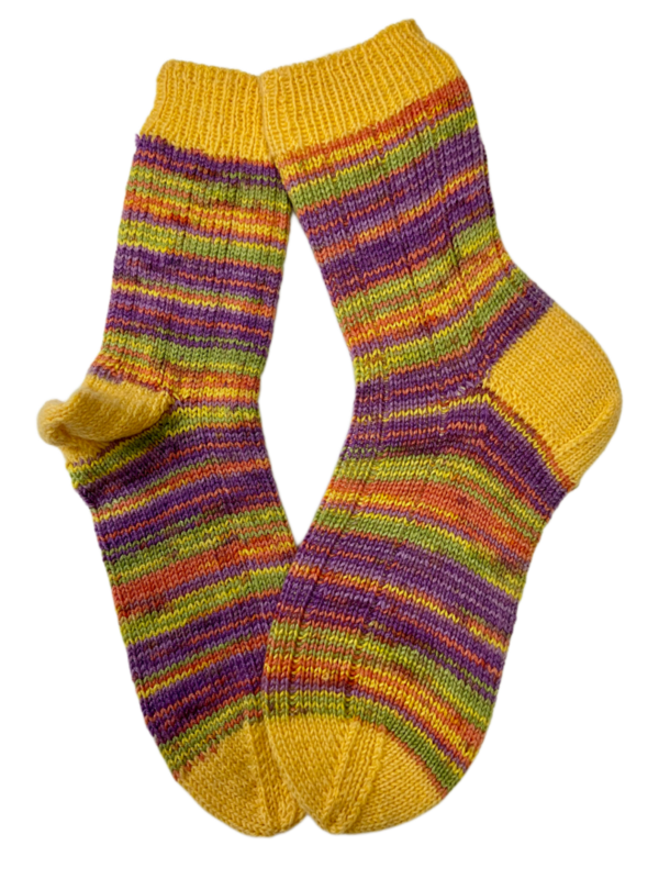 Handgestrickte Socken, Gr. 37/38, Gelb/ Lila/ Grün