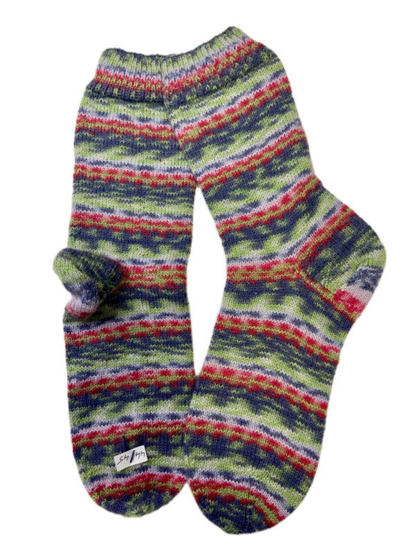 Handgestrickte Socken, Gr. 44/45, Grün/ Rot/ Blau