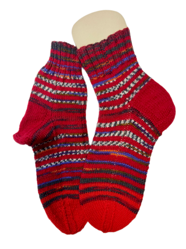 Handgestrickte Socken, Gr. 38/39, Rot/ Bunt