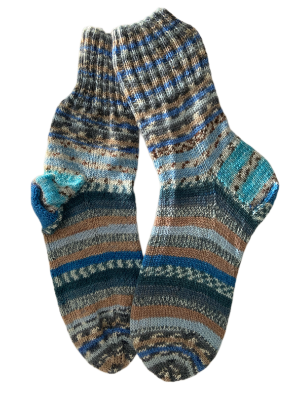 Handgestrickte Socken, Gr. 47/48, Blau/ Grau/ Braun