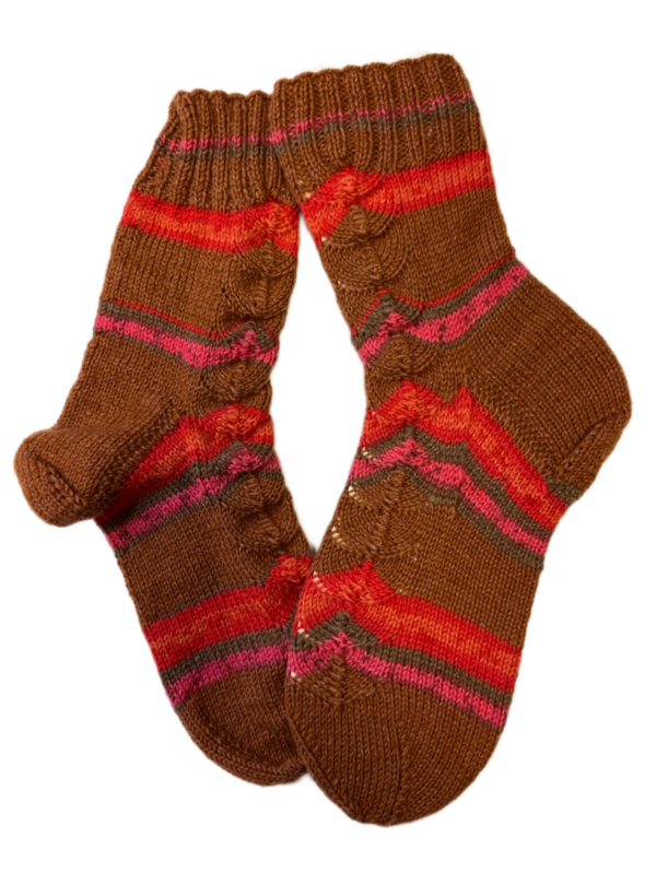 Handgestrickte Socken, Gr. 36/37, Braun/ Rot/ Rosa