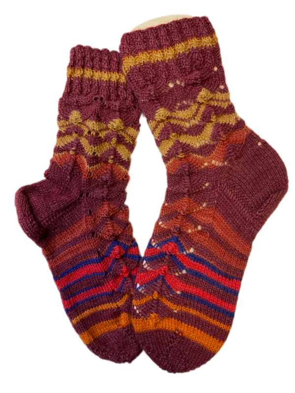 Handgestrickte Socken, Gr. 36/37, Rot/ Blau/ Orange