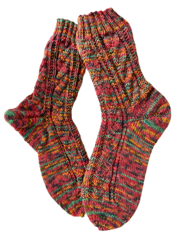 Handgestrickte Socken, Gr. 39/40, Rot/ Orange/ Grün