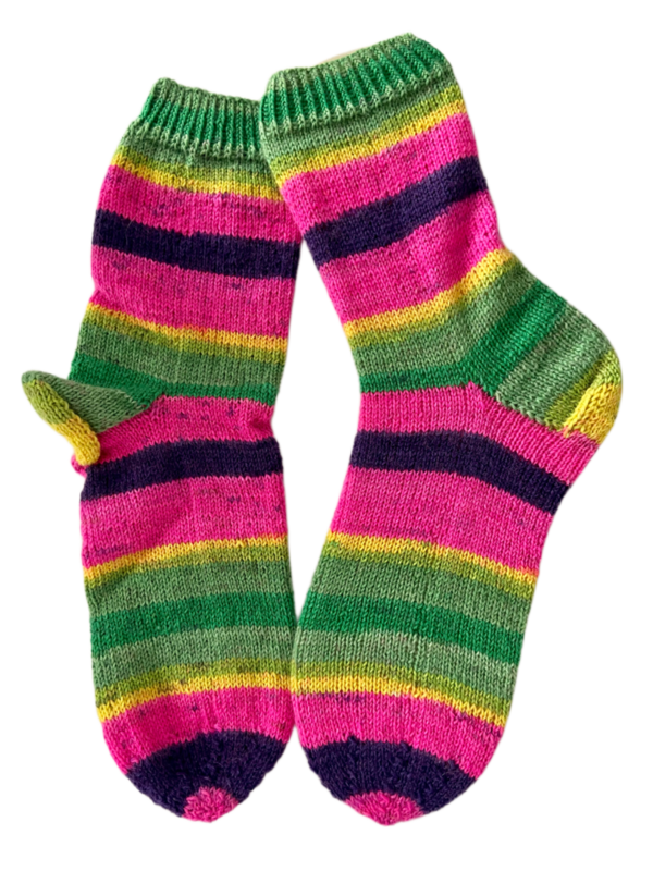 Handgestrickte Socken, Gr. 39/40, Neonpink/ Gelb/ Grün/ Lila