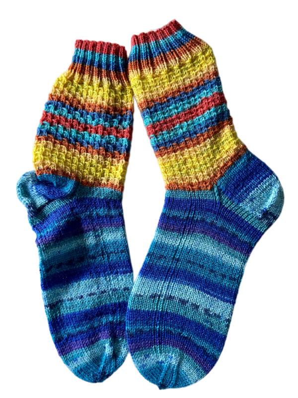 Handgestrickte Socken, Gr. 40/41, Blau/ Gelb/ Orange