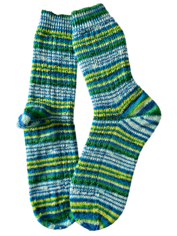 Handgestrickte Socken, Gr. 45/46, Grün/ Gelb/ Blau