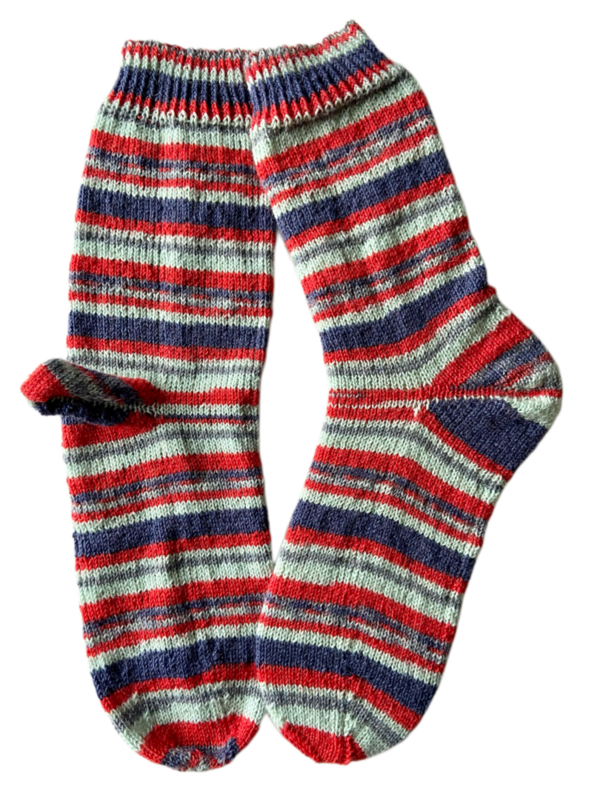 Handgestrickte Socken, Gr. 43/44, Blau/ Rot/ Grau