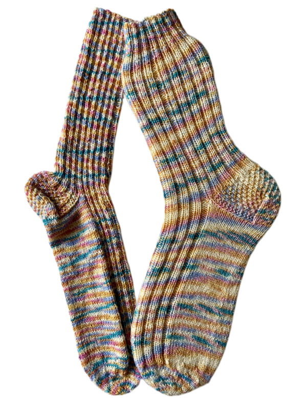 Handgestrickte Socken, Gr. 43/44, Senf/ Flieder/ Petrol