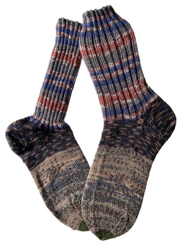 Handgestrickte Socken, Gr. 42/43, Braun/ Blau/ Grün