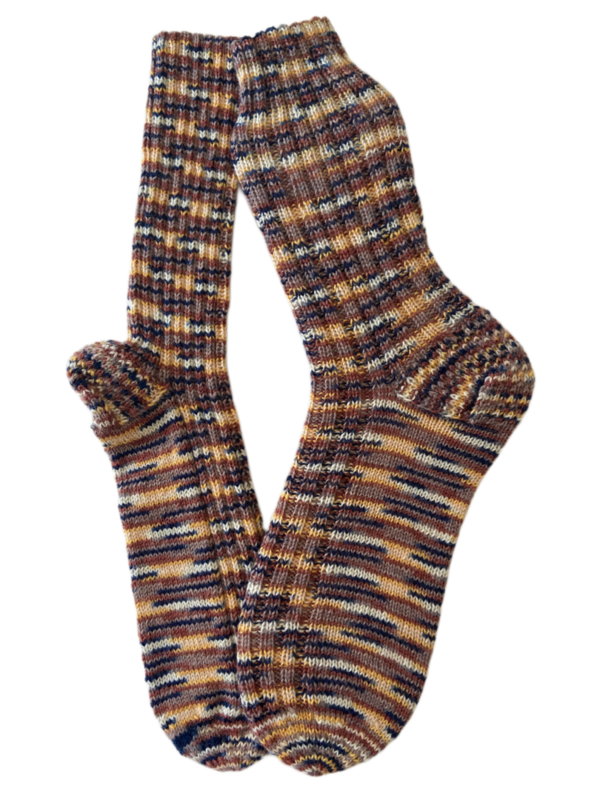 Handgestrickte Socken, Gr. 45/46, Braun/ Blau/ Creme