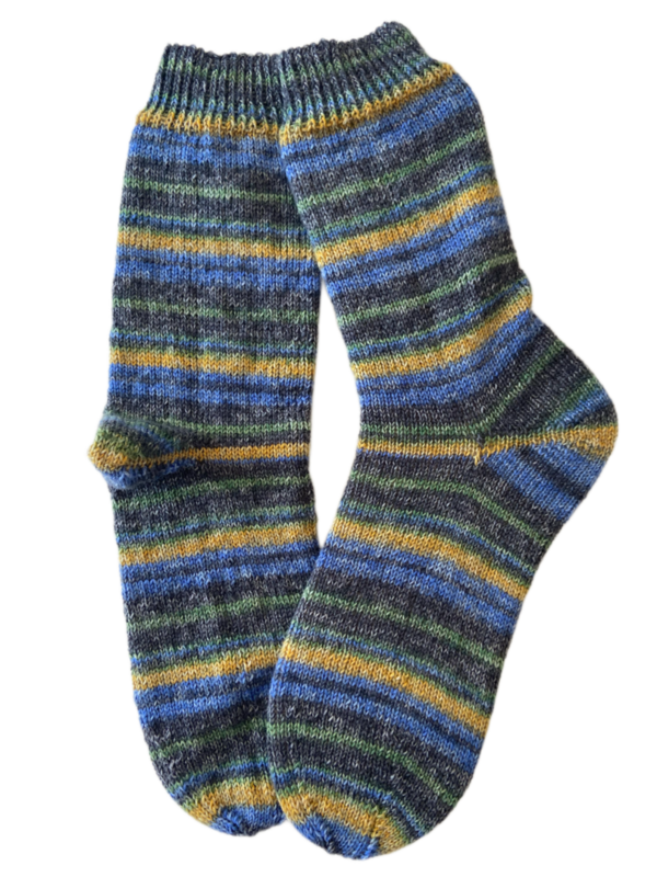 Handgestrickte Socken, Gr. 44/45, Grau/ Blau/ Gelb/ Grün
