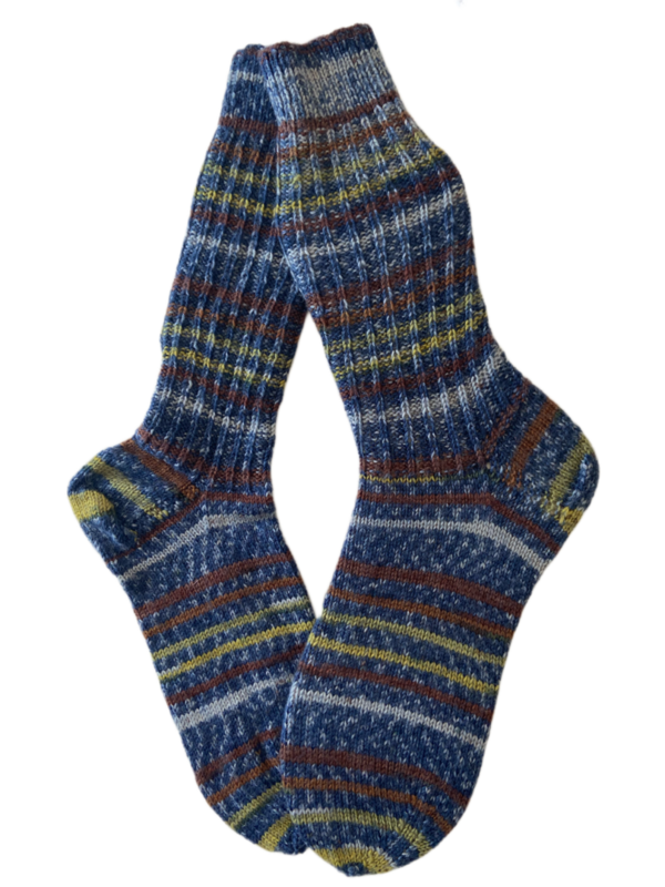 Handgestrickte Socken, Gr. 44/45, Blau/ Gelb/ Braun