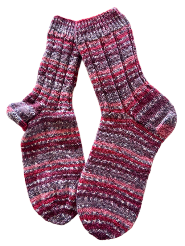Handgestrickte Socken, Gr. 41/42, Weinrot/ Grau/ Rosa