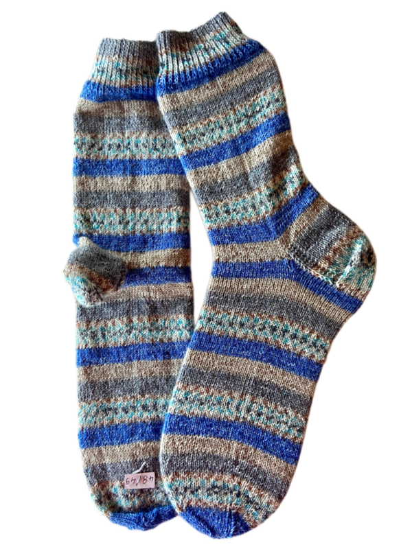 Handgestrickte Socken, Gr. 48/49, Blau/ Grau/ Beige