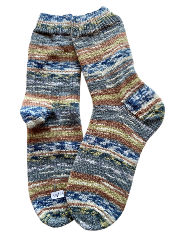 Handgestrickte Socken, Gr. 48/49, Grau/ Braun/ Blau