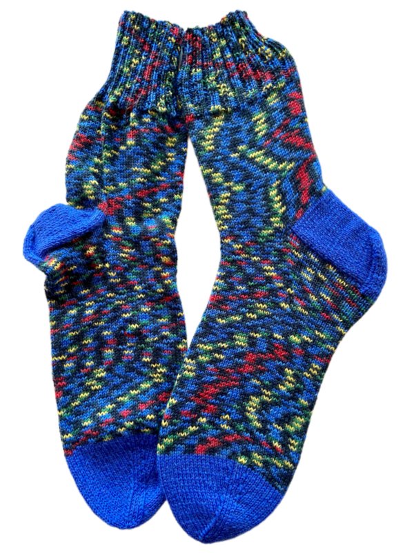Handgestrickte Socken, Gr. 49/50, Blau/ Bunt