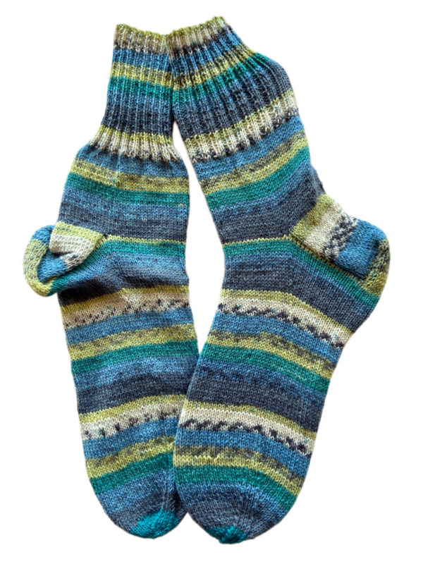 Handgestrickte Socken, Gr. 49/50, Grün/ Gelb/ Blau