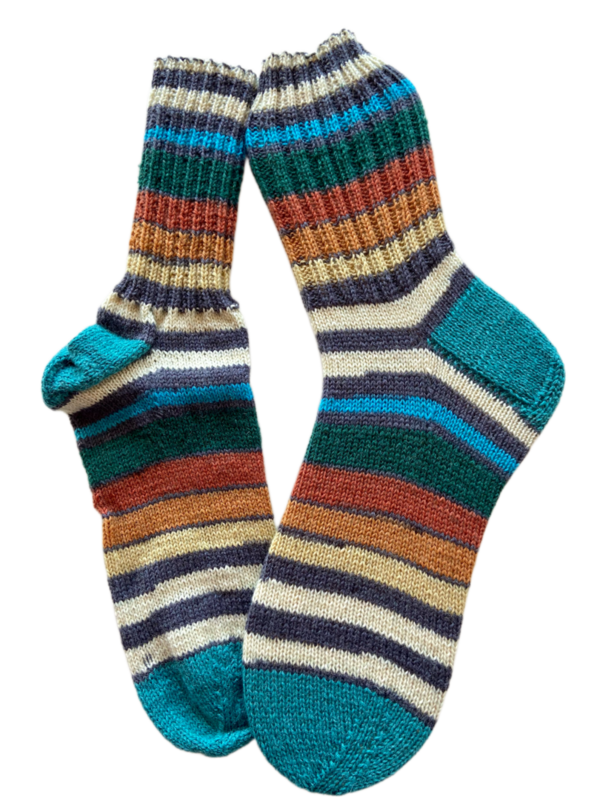 Handgestrickte Socken, Gr. 45/46, Grün/ Orange/ Anthrazit