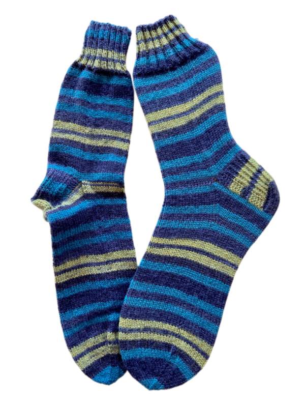 Handgestrickte Socken, Gr. 45/46, Blau/ Gelb
