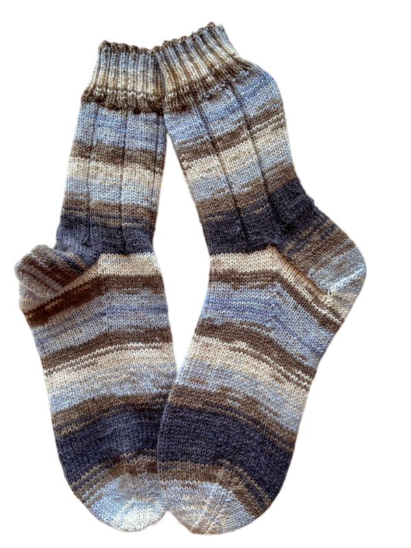 Handgestrickte Socken, Gr. 45/46, Braun/ Creme/ Blau