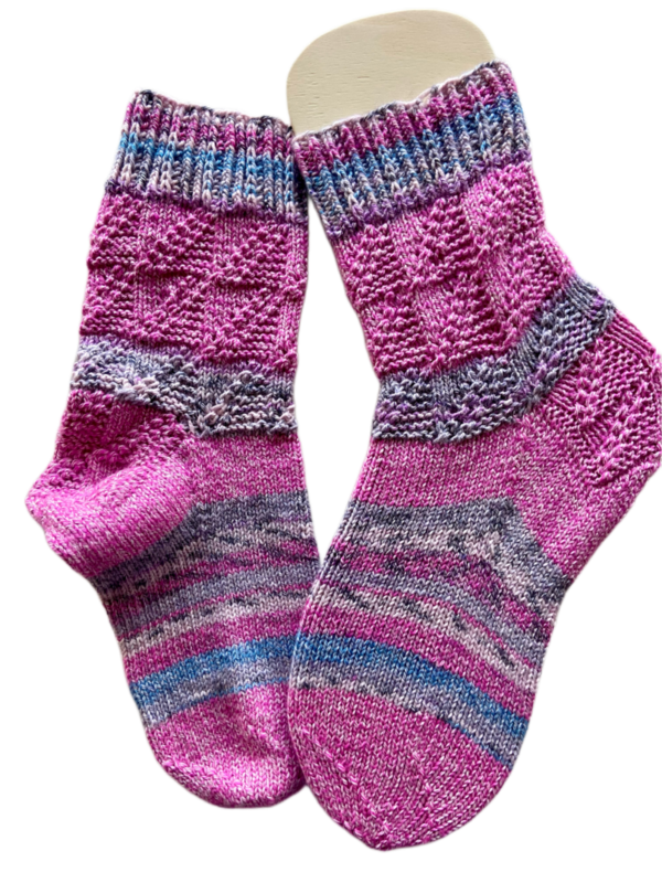 Handgestrickte Socken, Gr. 36/37, Pink/ Grau/ Blau