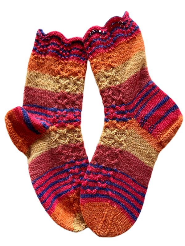 Handgestrickte Socken, Gr. 39/40, Orange/ Blau/ Gelb/ Pink