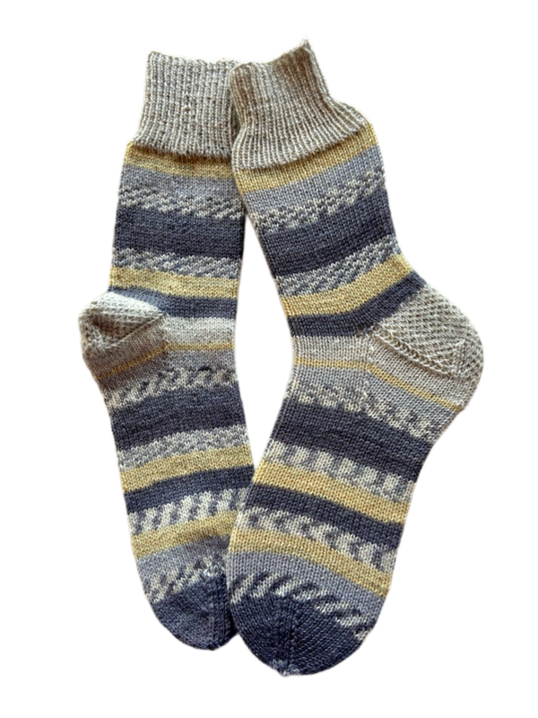 Handgestrickte Socken, Gr. 39/40, Grau/ Gelb
