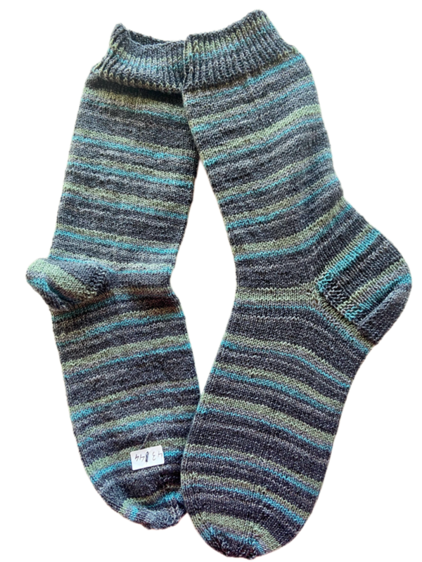 Handgestrickte Socken, Gr. 43/44, Schwarz/ Grün/ Blau