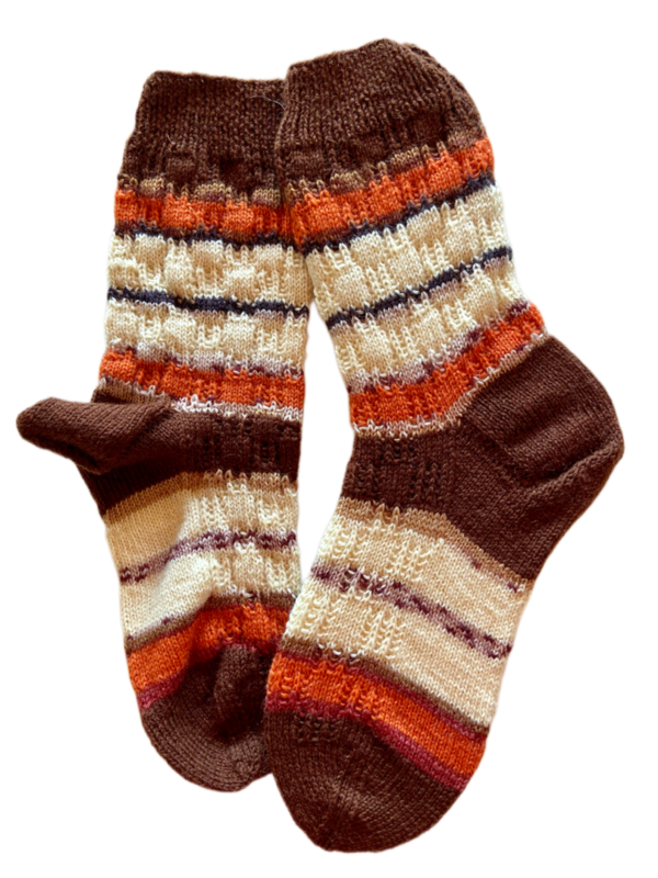 Handgestrickte Socken, Gr. 39/40, Braun/ Orange/ Wollweiß