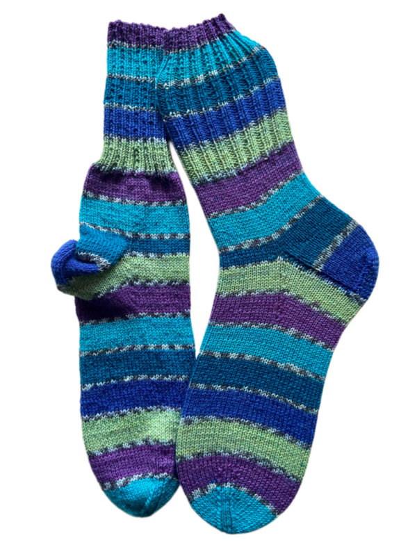 Handgestrickte Socken, Gr. 46/47, Blau/ Lila/ Grün