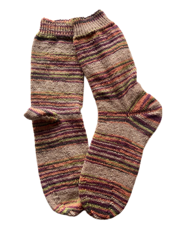 Handgestrickte Socken, Gr. 43/44, Sand/ Braun/ Orange/ Grün