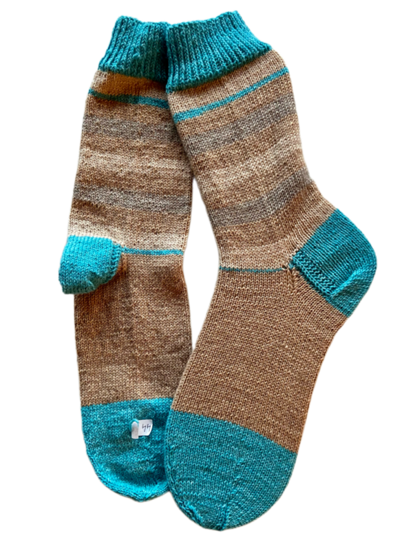 Handgestrickte Socken, Gr. 44/45, Beige/ Türkis